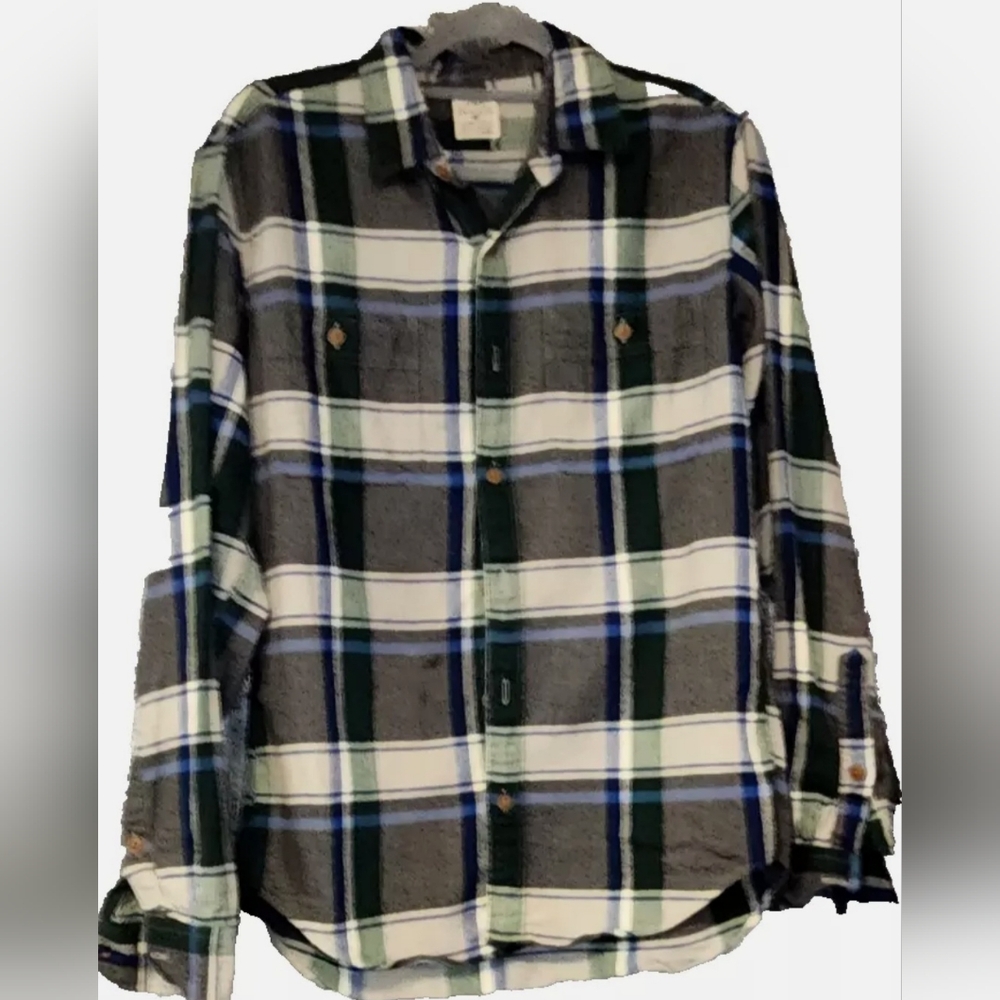 J. Crew Men's Gray, Green and Blue Plaid Flannel Size M Slim Fit